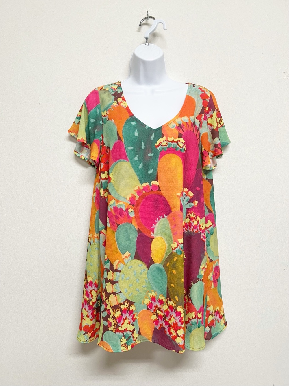 Judith March Womens Vibrant Multi Color Floral Cactus Print V Neck Mini Dress